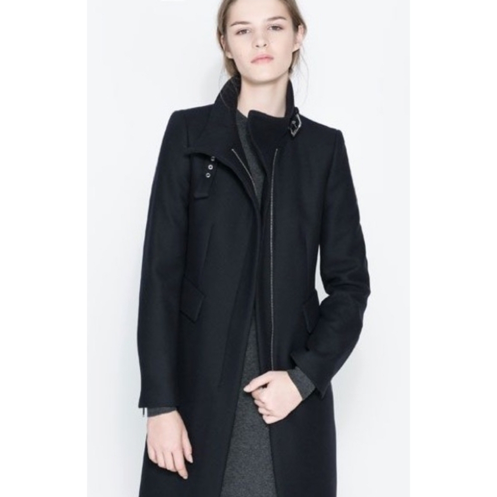 Zara Wool Blend Buckle Collar Zip Front Coat Size XLarge In Black